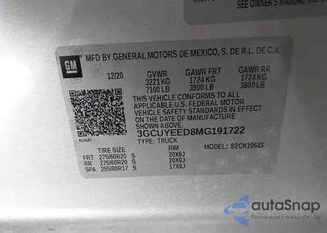 2021 Chevrolet Silverado 1500 4Wd Short Bed Rst z USA, uszkodzony, nr VIN 3GCUYEED8MG191722